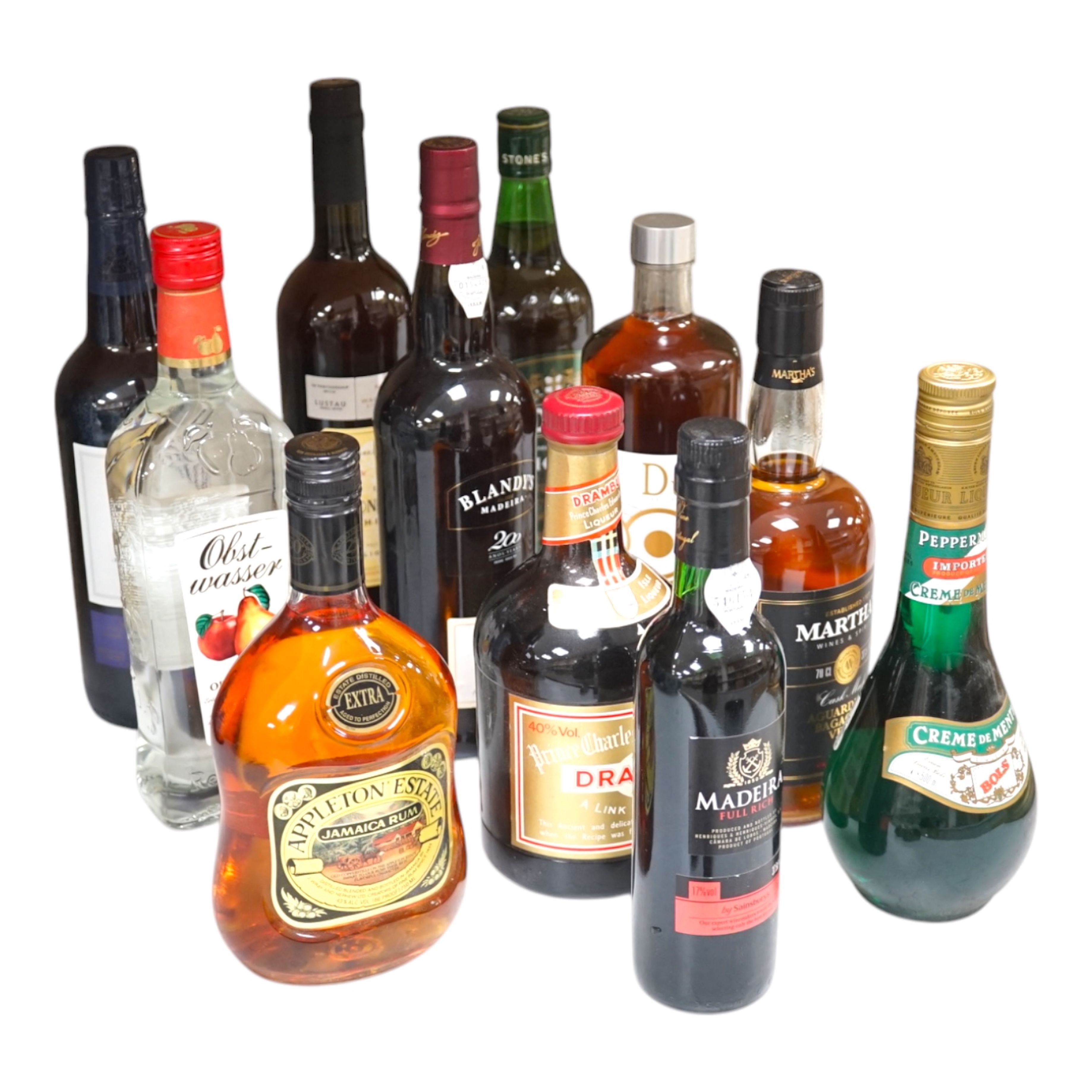 A quantity of various spirits and sherrys to include Appleton Estate Jamaica, Creme de Menthe and Blandy’s Madeira. Condition - good, storage history unknown